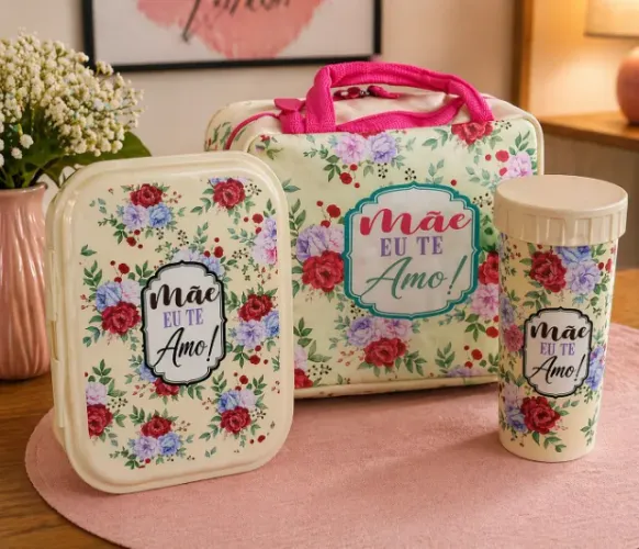 Kit Marmita Dia das Mães Floral - Lancheira + Pote + Copo Personalizado