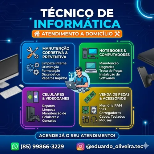 Técnico de Informática a Domicílio - Conserto de PC, Notebook, Celular e Games