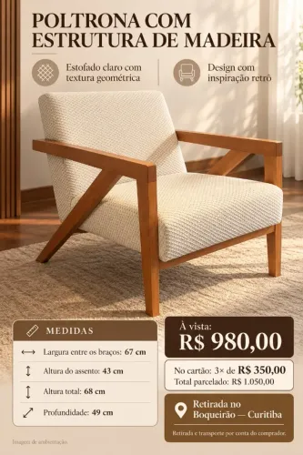 POLTRONA COM ESTRUTURA DE MADEIRA E ESTOFADO CLARO