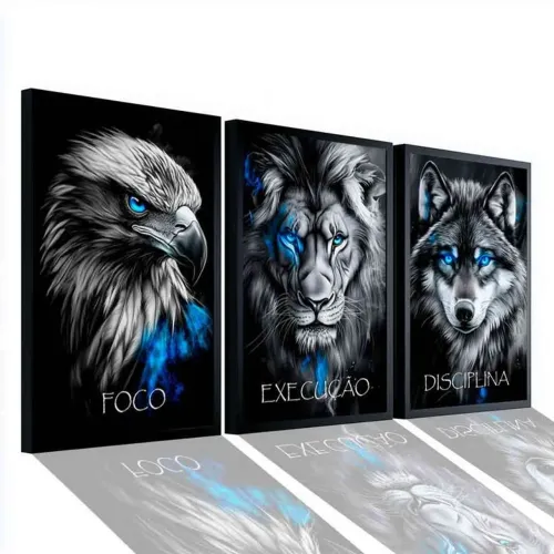 QUADROS DECORATIVOS 3 PEÇAS LEÃO, ÁGUIA, LOBO SALA QUARTO