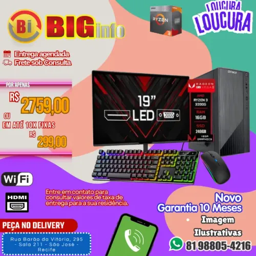 Computador Completo BIG Ryzen 3200g Vega 8 16gb Ssd 240Gb  Teclado e Mouse