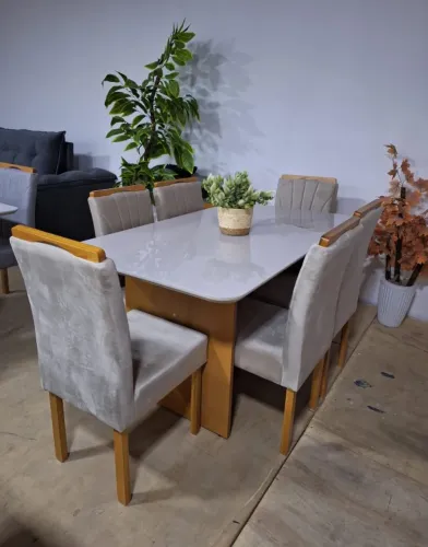 Conjunto Mesa Isis c/ 6 cadeiras tampo com vidro colado