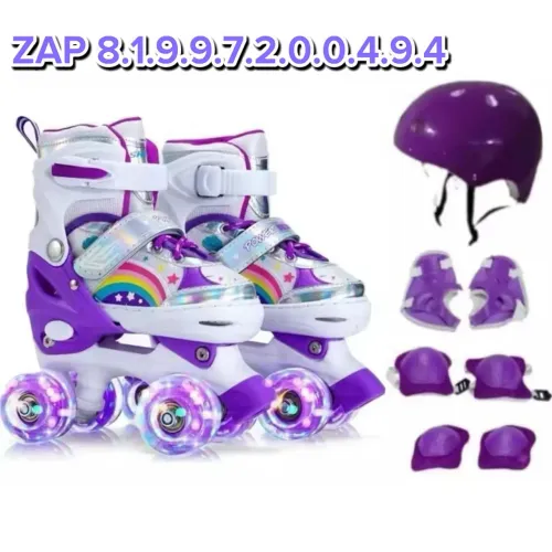 Patins Infantil 4 Rodas Com Luz De LED Arco Íris +Kit Proteção