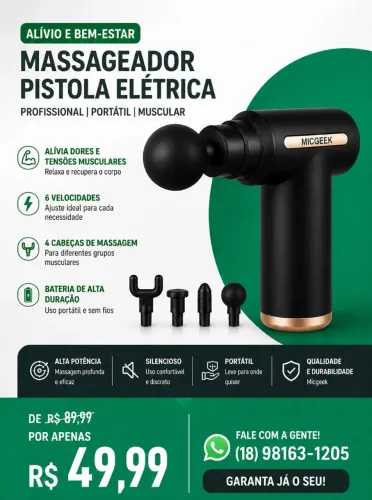 Massageador Pistola Elétrica Profissional - 6 Velocidades + 4 Cabeças