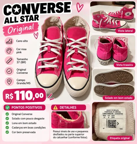 Tênis Converse All Star Original Rosa Pink Cano Alto Nº 37