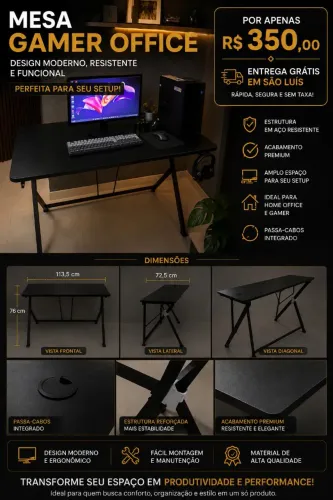 Mesa Gamer Office Preta - Nova - R$ 350