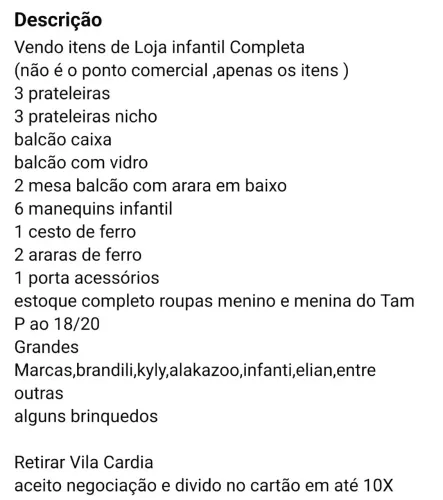 Itens Loja completa Infantil 