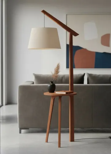 Luminária de Chão em Madeira Imbuia e Cúpula Cone Rústico