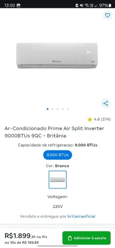 Ar-Condicionado Prime Air Split Inverter 9000BTUs 9QC - Britânia