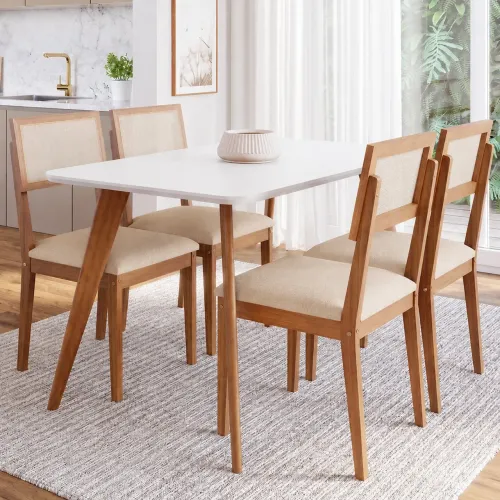 Mesa Acerola 130 (C/Vidro) Madeira/Off White com 4 Cadeiras Encanto/ pronta entrega