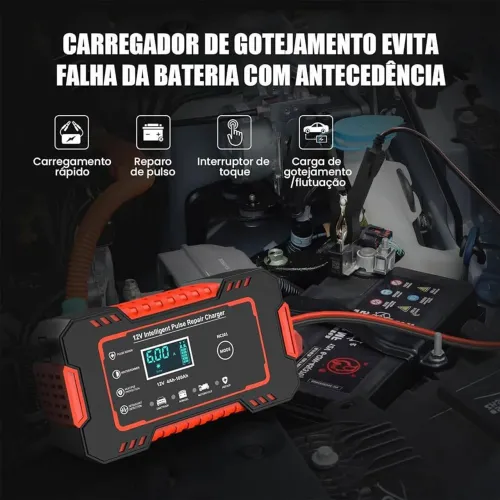 Carregador de Bateria 12V Inteligente 6A | Recupera Bateria Fraca (Carro, Moto, Caminhão)