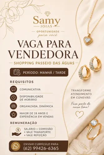 Vaga para vendedora no shopping passeio das águas - Início imediato
