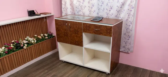 Balcão Expositor de Luxo com Vitrine e Armário de Recepção - Sofisticação para sua Loja