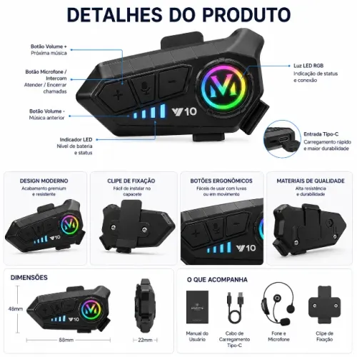 Fone de Ouvido Bluetooth para Capacete RGB com Microfone Hea