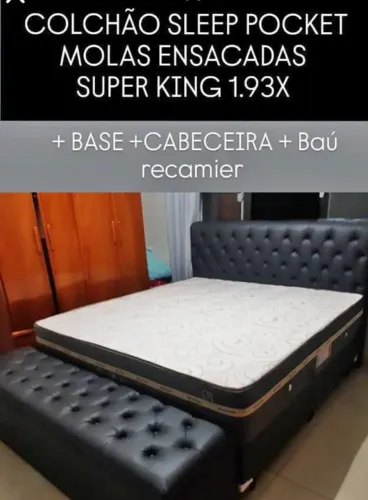 Colchão Sleep Pocket Super King 1.93x + Base + Cabeceira + Baú Recamier