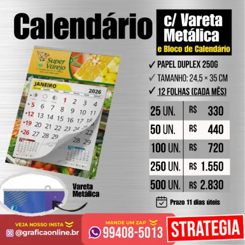 Calendário com Vareta Metálica e Bloco de Calendário