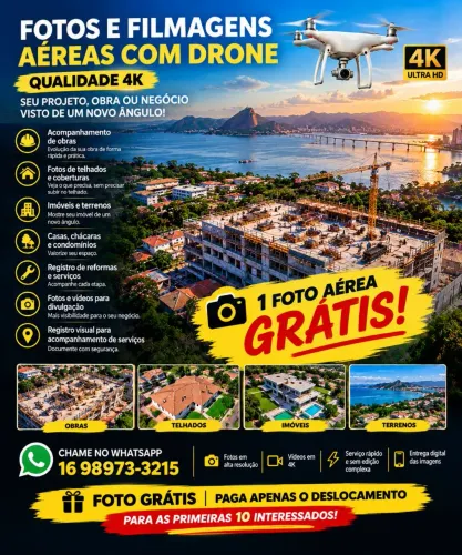 FOTOS E FILMAGENS AÉREAS COM DRONE 4K - OBRAS, TELHADOS, IMÓVEIS E TERRENOS