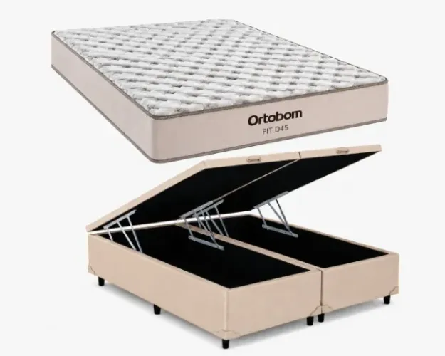 BAU QUEEN BIPARTIDO CORINO BEGE + COLCHÃO FIT ESPUMA D45 ORTOBOM