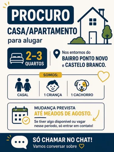Procuramos casa/apartamento nas proximidades do Ponto Novo