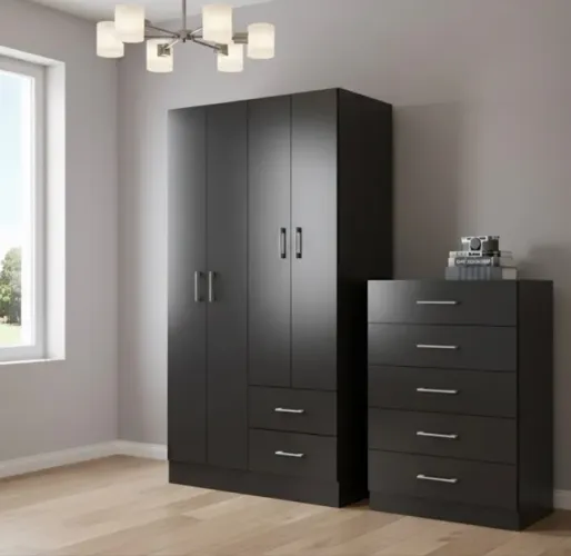 Conjunto Quarto Essencial Guarda-Roupa 4 Portas e Cômoda 5 Gavetas Preto