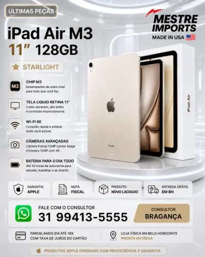 iPad Air M3 11 polegadas 128GB Wi-Fi Starlight Novo Lacrado Garantia Apple