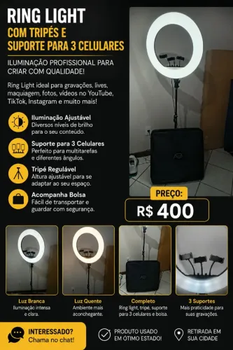 Ring Light Profissional 18? com Tripé + Suporte para 3 Celulares + Bolsa | Semi Novo