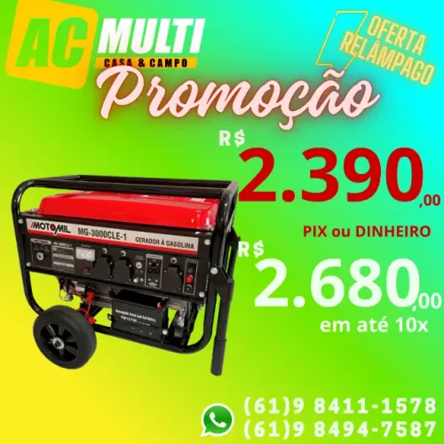 GERADOR de energia  À GASOLINA MG-3000CLE-1 6,5 HP 4T 60 Hz Motomil