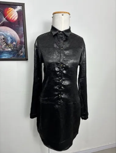 vestido chemise vide bula tecido lindo jacquard preto p/ m