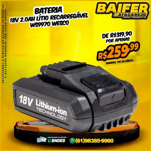 Bateria 18v 2.0Ah Lítio Recarregável Ws9970 Wesco