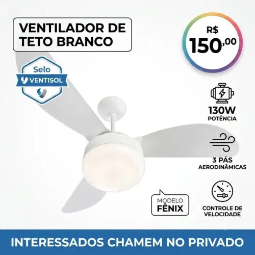 Ventilador de Teto Ventisol Fênix Branco 3 Pás 130W - Super Conservado!