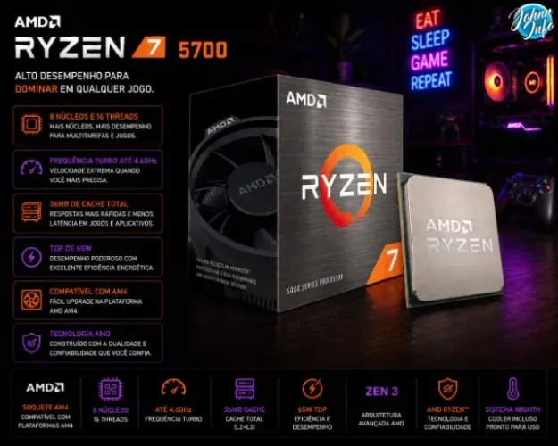 Processador AMD Ryzen 7 5700, 3.7GHz (4.6GHz Turbo), 8-Cores 16-Threads, AM4