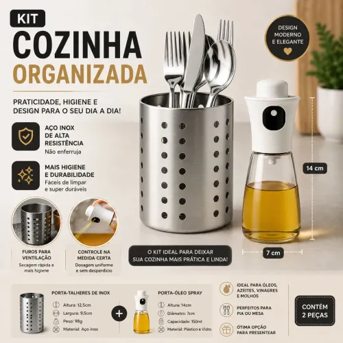 Kit Cozinha Porta talher INOX+Pulverizador de Oleo e vinagre 150ml
