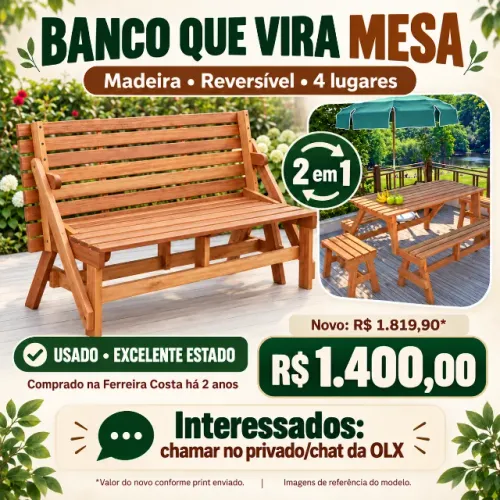 Banco que vira mesa de madeira 4 lugares Metalnew ? excelente estado