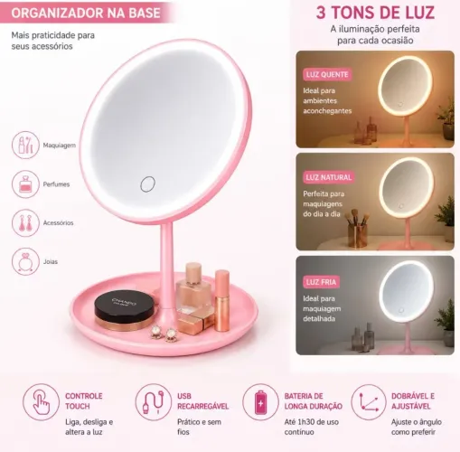 Espelho de Mesa LED Touch - Rosa Recarregável USB
