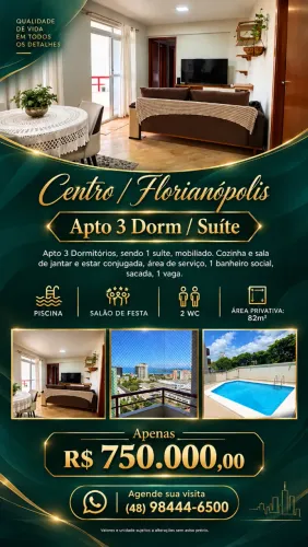 Apto 3 quartos, sendo 1 suíte, Centro Florianópolis, Apenas R$ 750 mil. Piscina + garagem.