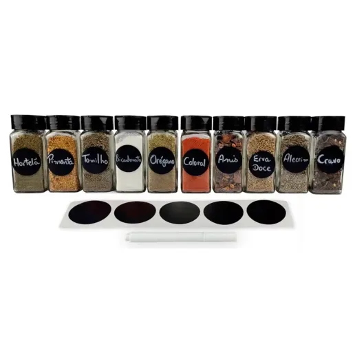 Kit 10 Porta Temperos de Vidro 130ml com Etiquetas e Caneta - Novo