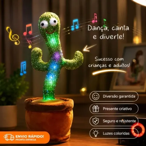 Cacto Dançante Musical 30cm USB Recarregável Repete Voz LED Brinquedo Infantil