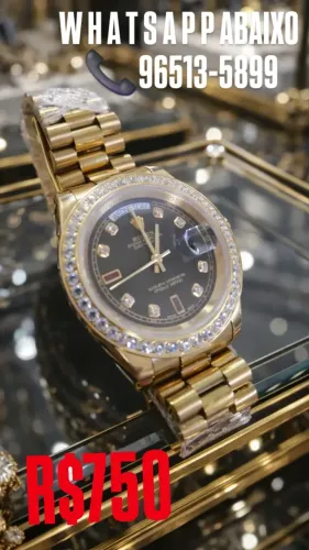 Relógio ROLEX AUTOMÁTICO - MODELO DAY DATE MOSTRADOR PRETO CRAVEJADO