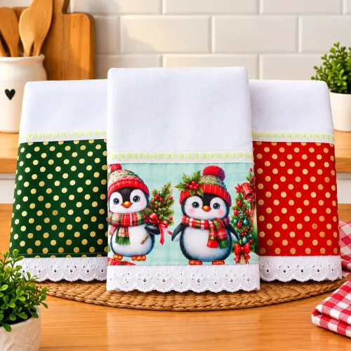 Kit 3 Panos de Prato Natalinos com bordado ingles - Lindos para sua Cozinha