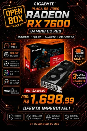 Placa de Vídeo Gigabyte RX 7600 Gaming OC RGB, 8GB(NF e Garantia 3 anos)