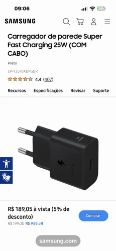Carregador samsung 25 watts fast charging