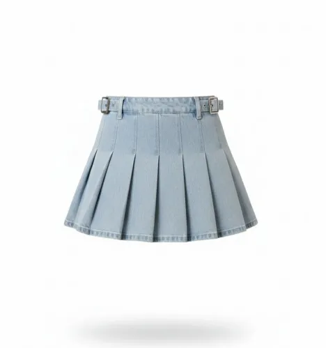 Saia jeans plissada feminina cintura alta com cinto