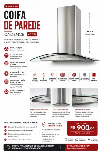 Coifa Cadence 60cm | Inox + Vidro Temperado | Funcionando Perfeitamente 3 velocidade e led