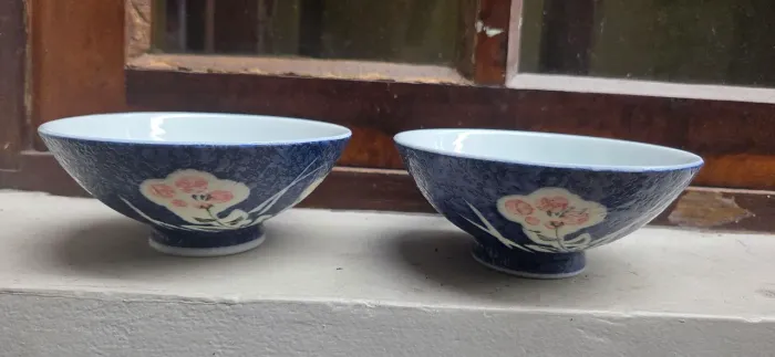 Par Porcelana Japonesa Chawan Pintado à Mão Vintage<br>