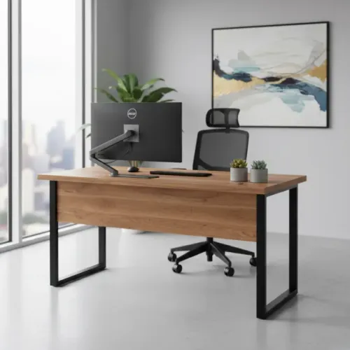 Mesa Escritório Pé Quadro 1,50×0,60m Sem Gavetas Nogal Sevilha/Preto Conforto 24472