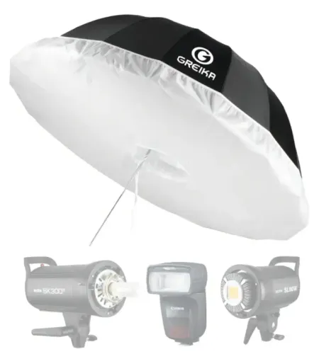 Sombrinha Greika 190cm Preta Prata Com Difusor Para Flash