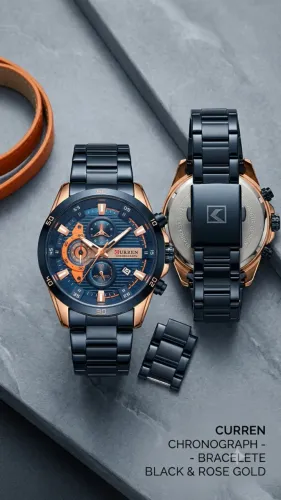 Relógio Curren Chronograph Masculino - Black & Rose Gold (Com Gomos Extras)