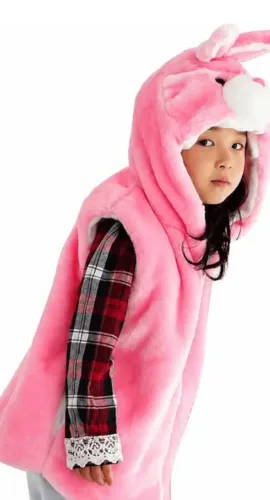 colete infantil de pelúcia rosa, estilo fantasia de coelho com capuz