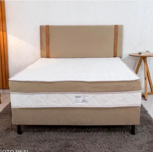 Cama Box Casal Ortopédica D33 138x188 + Cabeceira Veludo Bege - Até 250kg