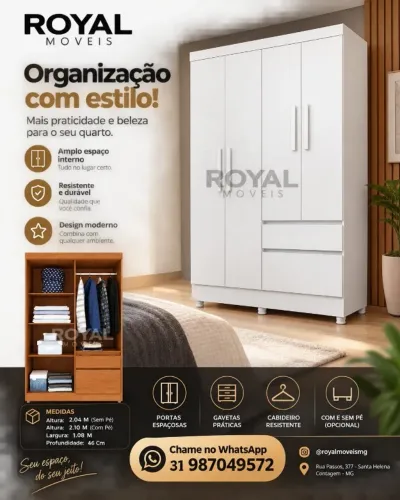 Guarda Roupa 1.08M Solteiro 4Portas 2Gavetas. Produto Novo Direto da Fábrica.